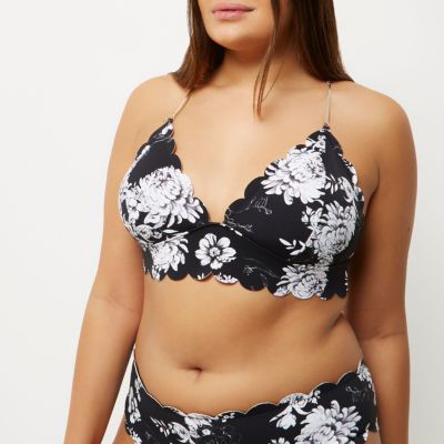 Plus black floral print scallop bikini top